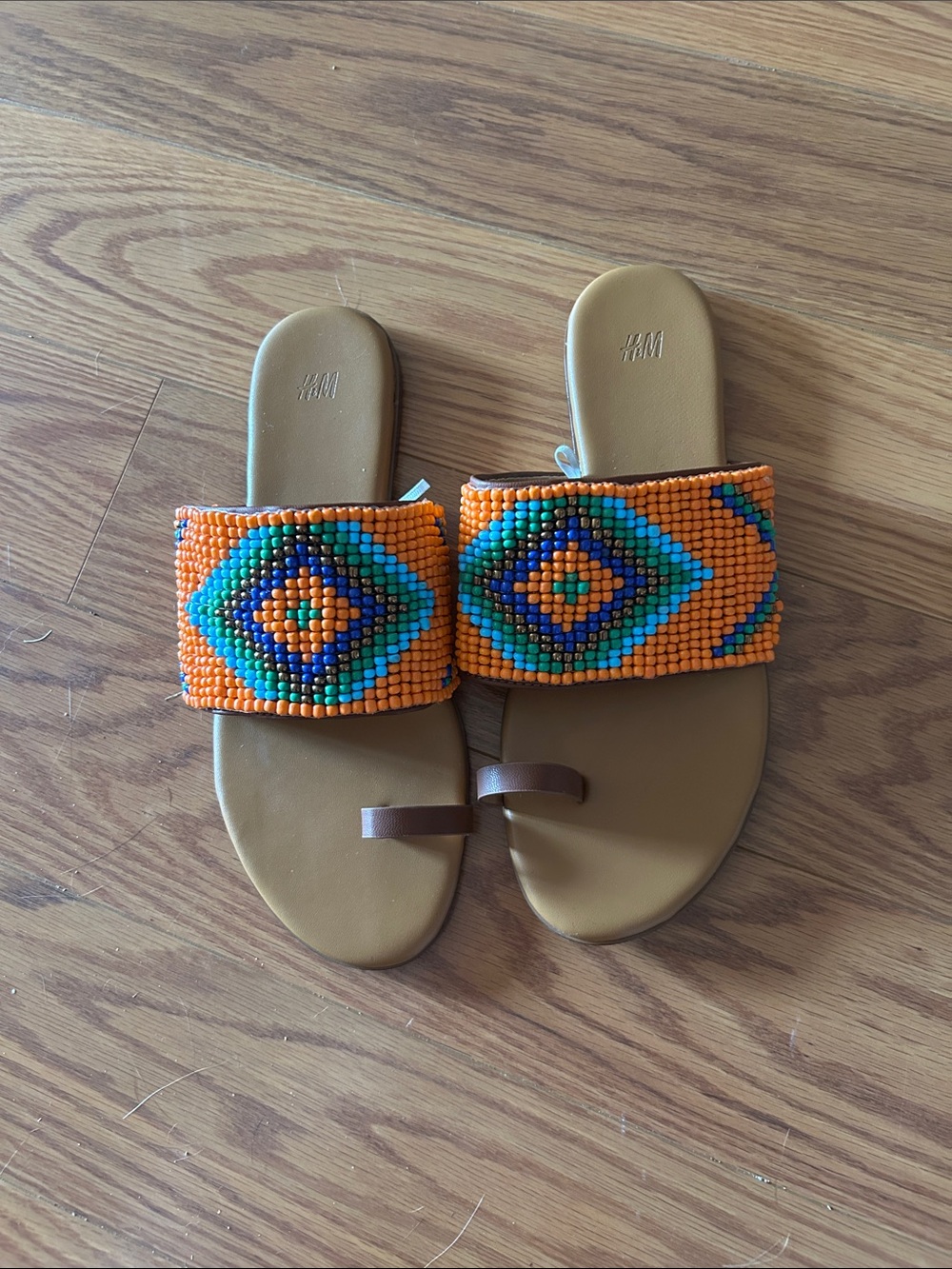 H&M Orange Beaded Slide Sandals with Multicolor Diamond Pattern